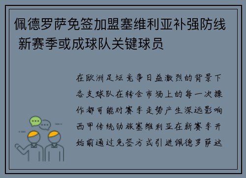 佩德罗萨免签加盟塞维利亚补强防线 新赛季或成球队关键球员 佩德罗萨免签加盟塞维利亚补强防线 新赛季或成球队关键球员